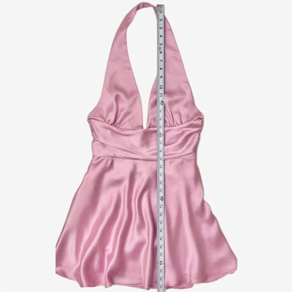 Zara Pink Satin Halter Mini Dress L Bow Waist A-Line Cocktail Party - Picture 15 of 16